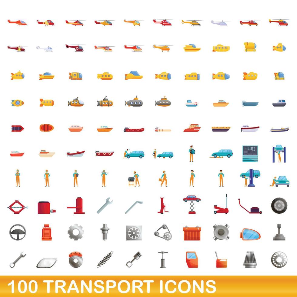 100 transport icons set, cartoon style vector