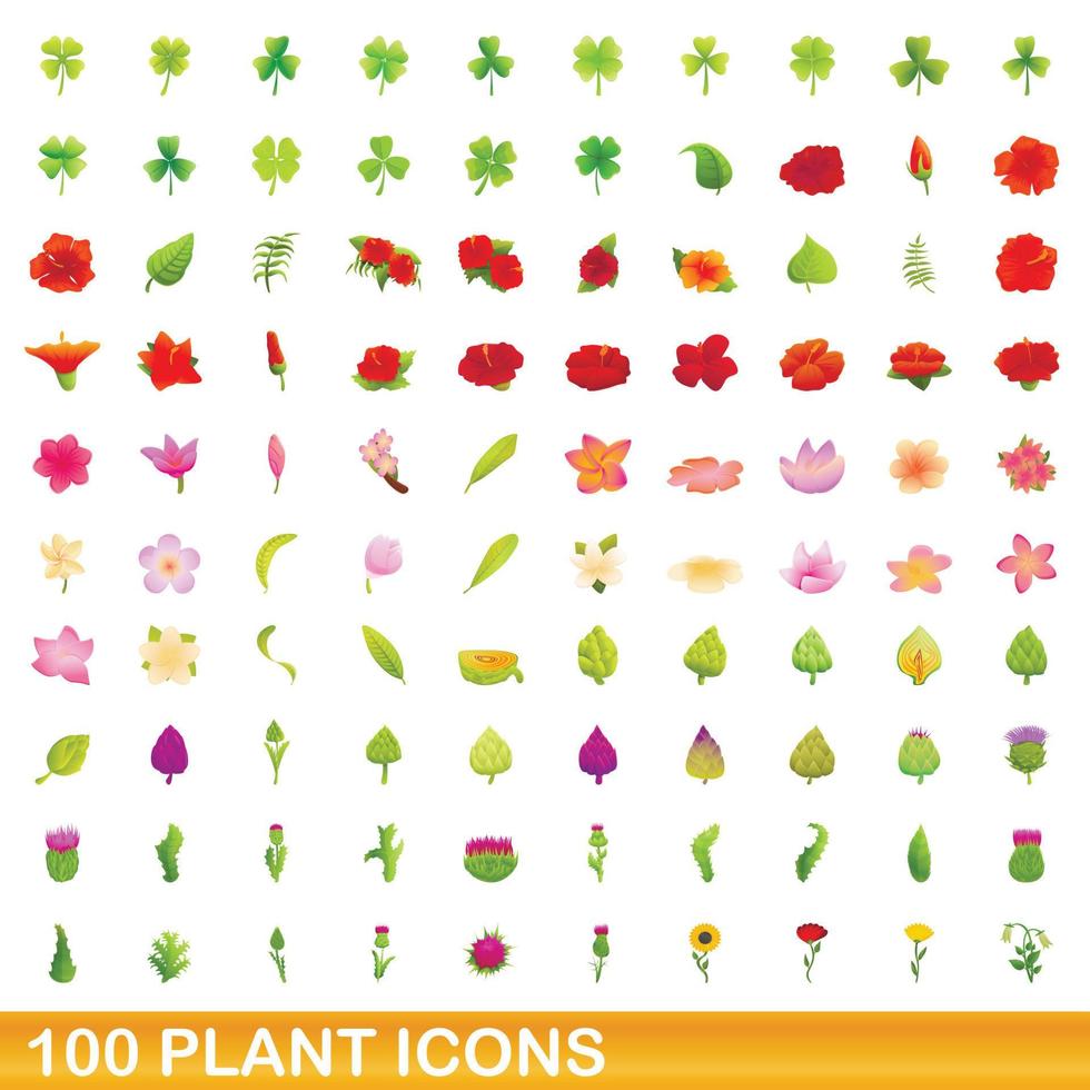 100 plant icons set, cartoon style vector