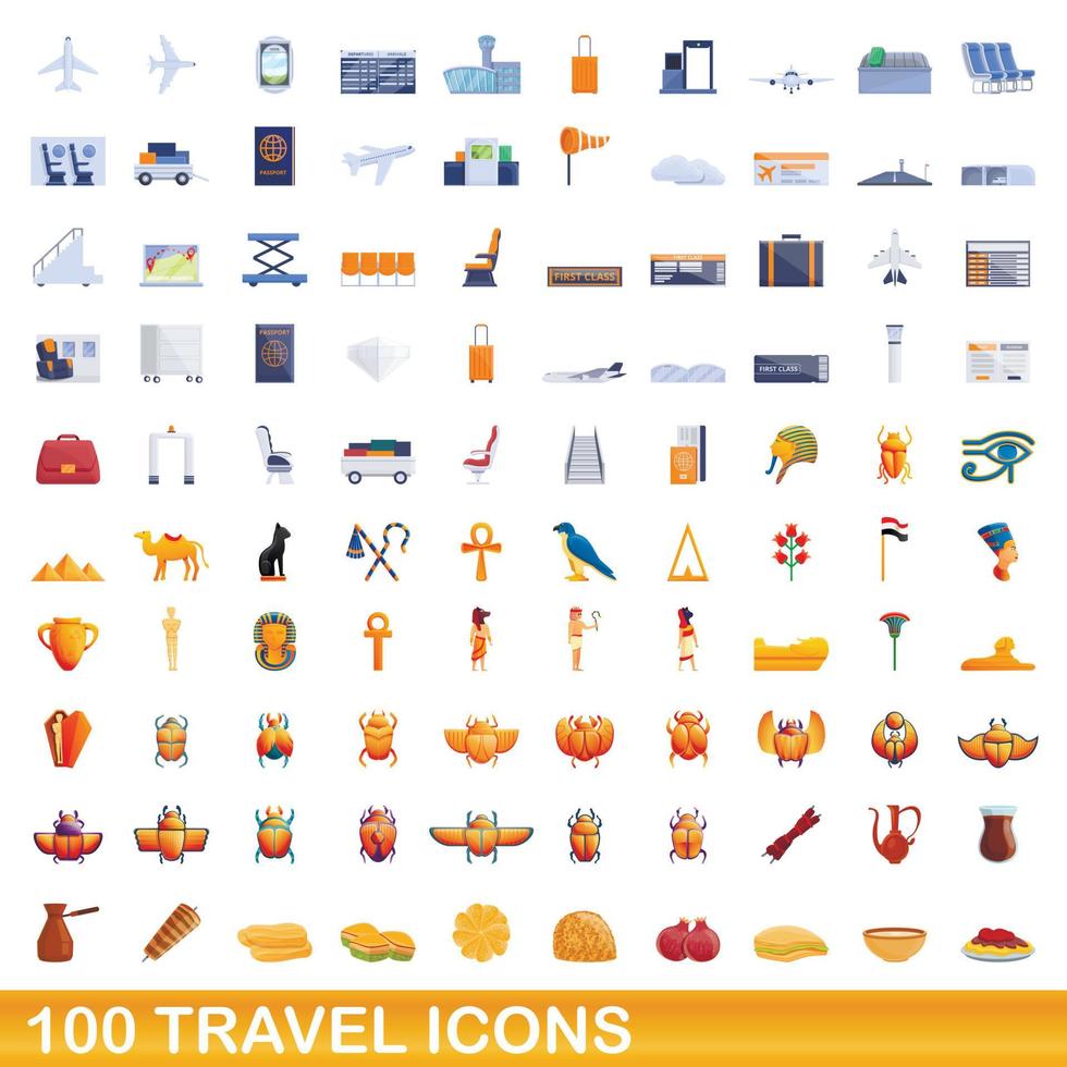 100 iconos de viaje, estilo de dibujos animados vector