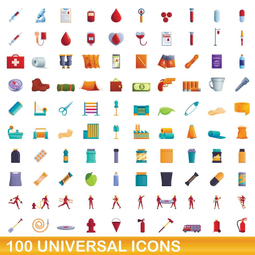 100 universal icons set, cartoon style vector