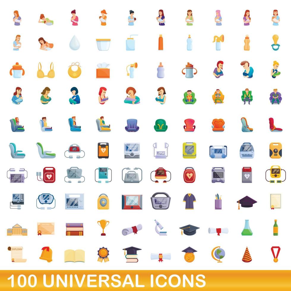 100 iconos universales, estilo de dibujos animados vector