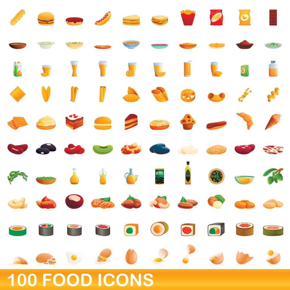 100 iconos de alimentos, estilo de dibujos animados vector