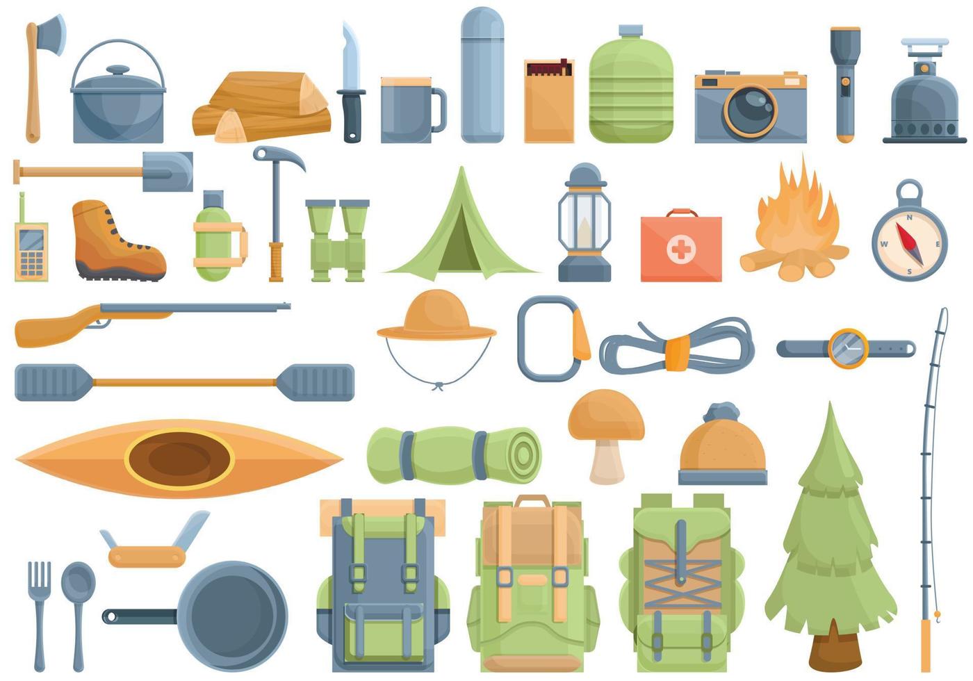 Equipment for hike icons set, cartoon style vector