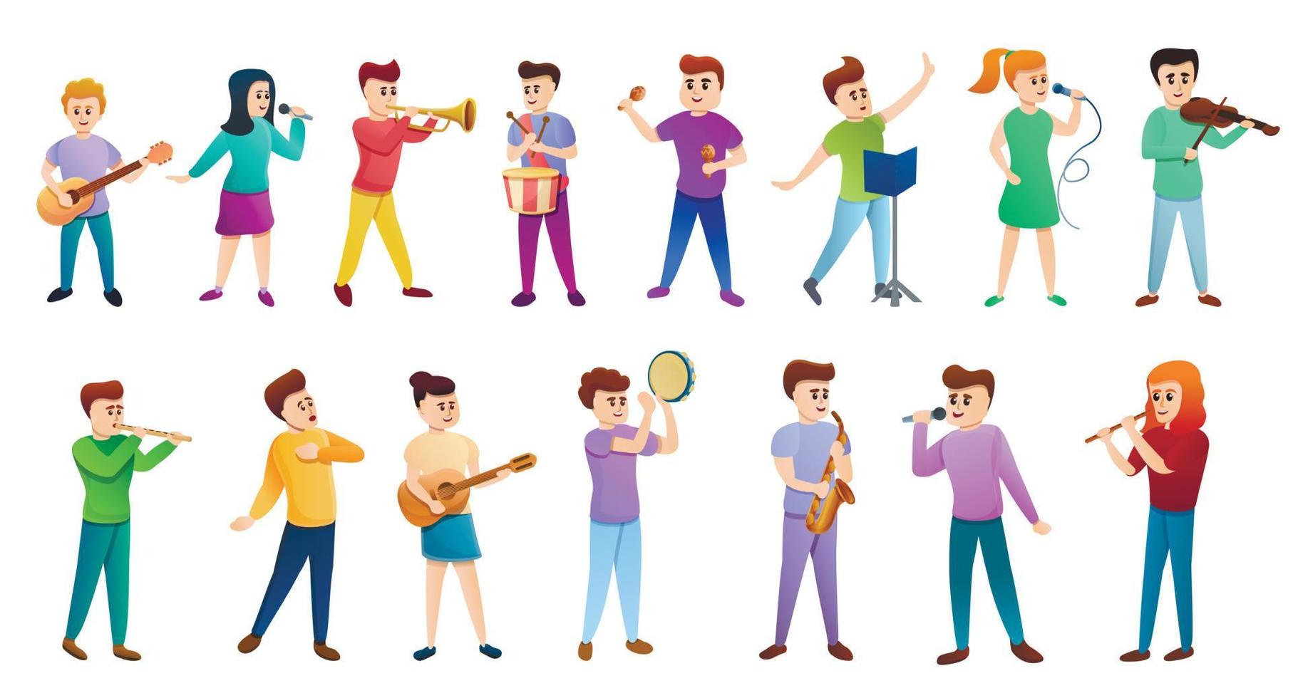 Music school people icons set, cartoon style vector