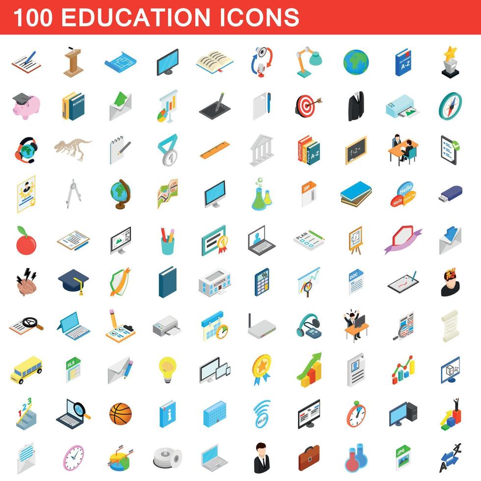 100 education icons set, isometric 3d style vector