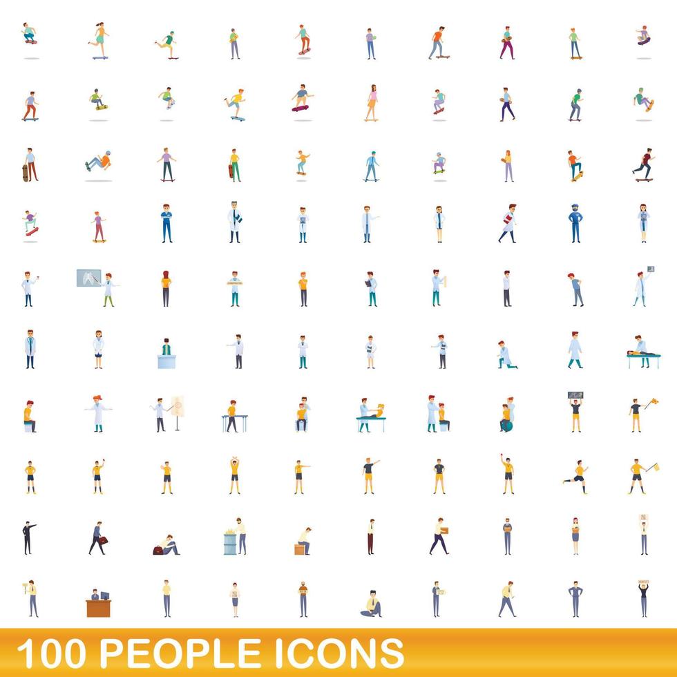 100 people icons set, cartoon style vector