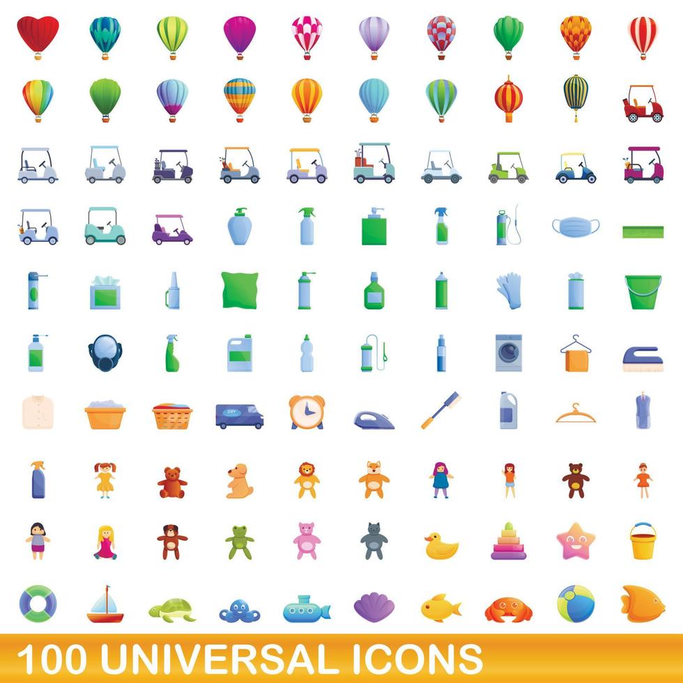 100 universal icons set, cartoon style vector