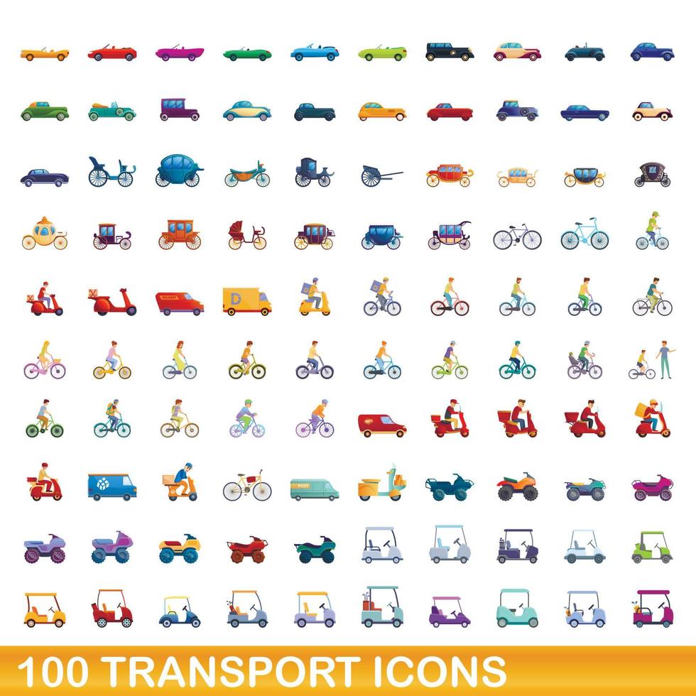 100 transport icons set, cartoon style vector