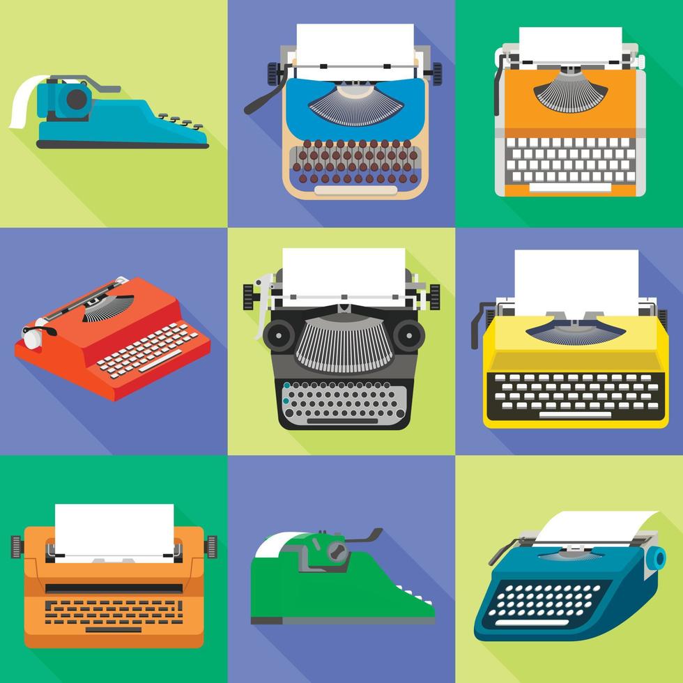 Typewriter icons set, flat style vector