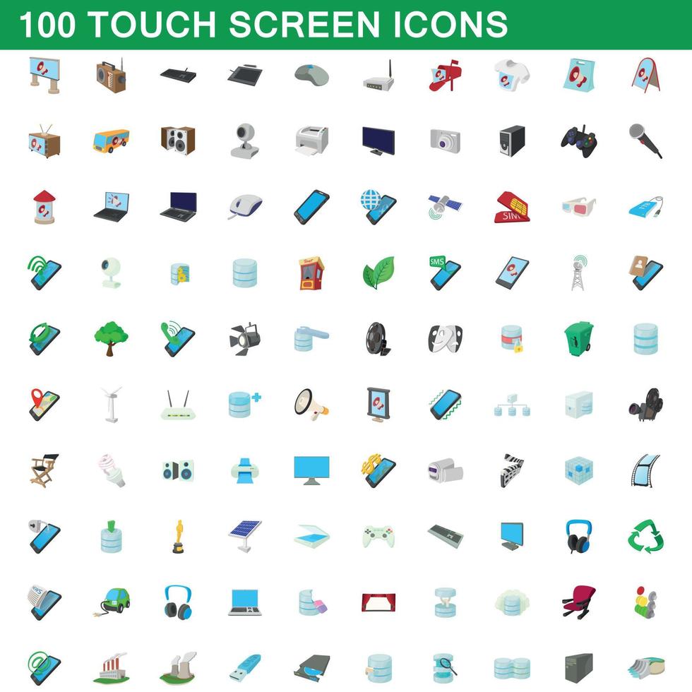 100 iconos de pantalla táctil, estilo de dibujos animados vector