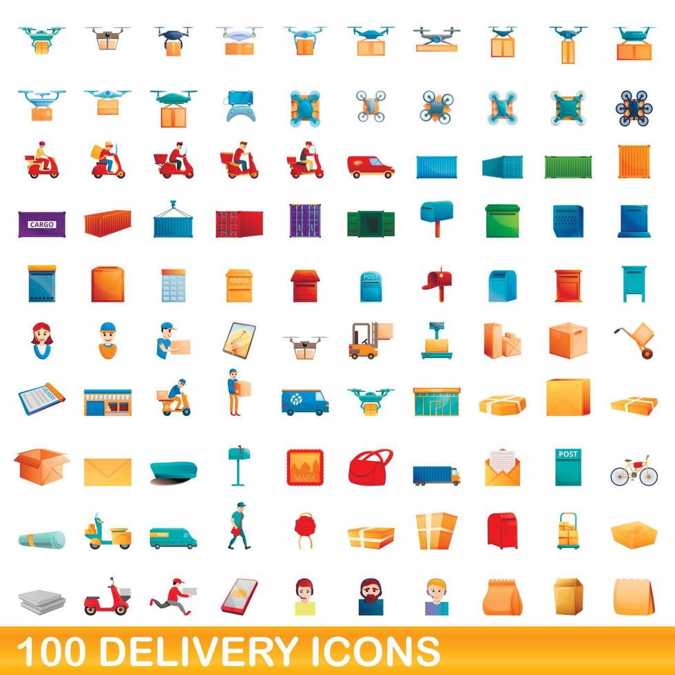 100 delivery icons set, cartoon style vector