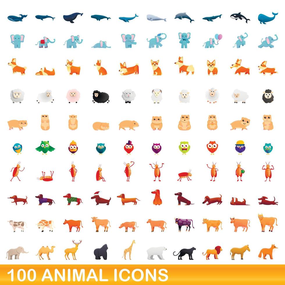 100 animales, conjunto de iconos de estilo de dibujos animados vector