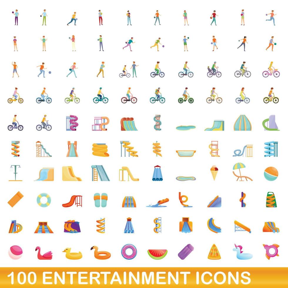 100 entertainment icons set, cartoon style vector