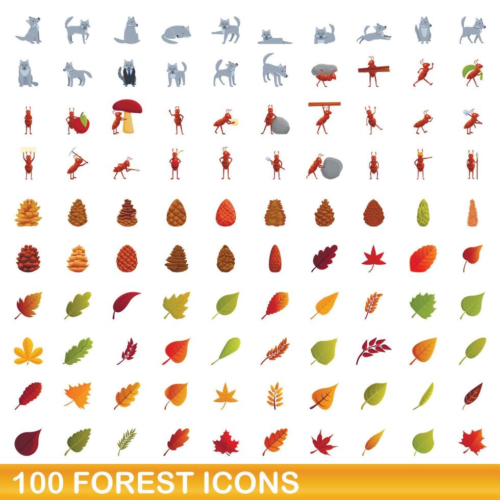 100 forest icons set, cartoon style vector