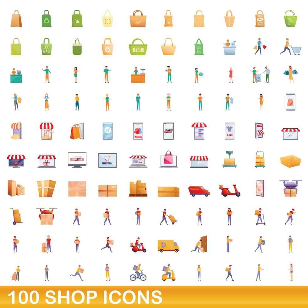 100 tienda, conjunto de iconos de estilo de dibujos animados vector