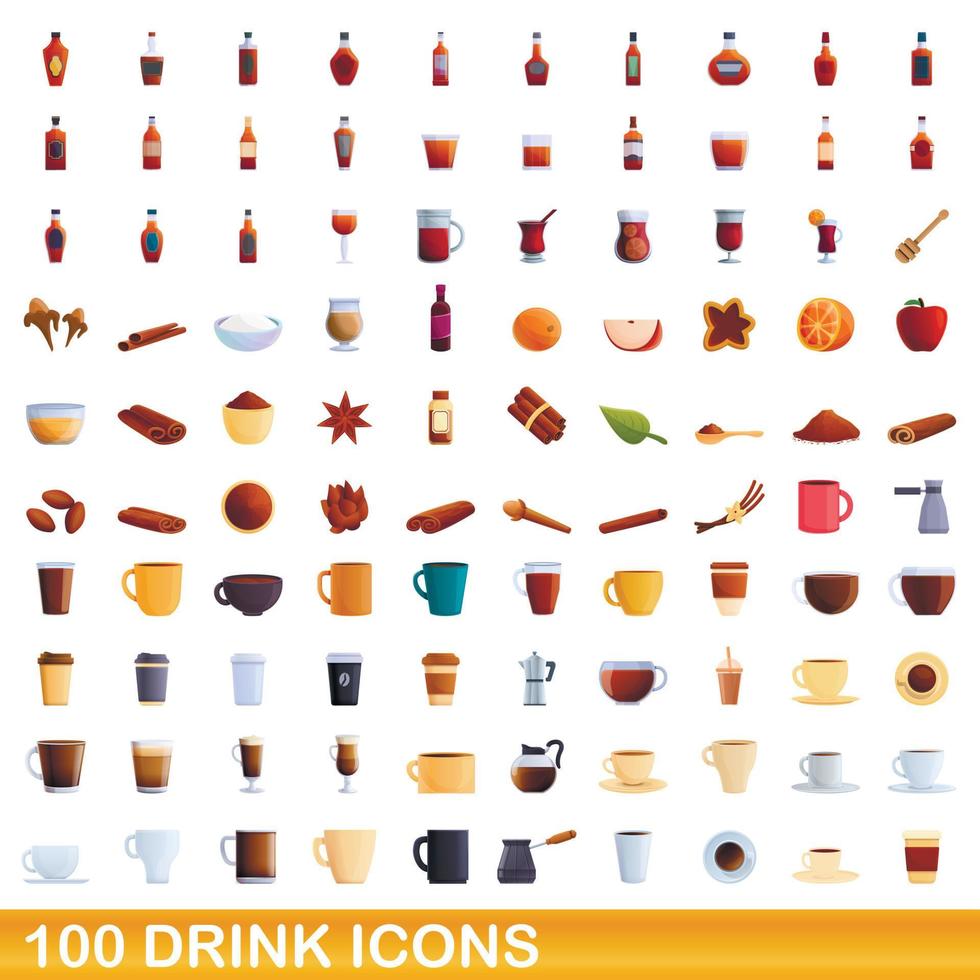 100 drink icons set, cartoon style vector