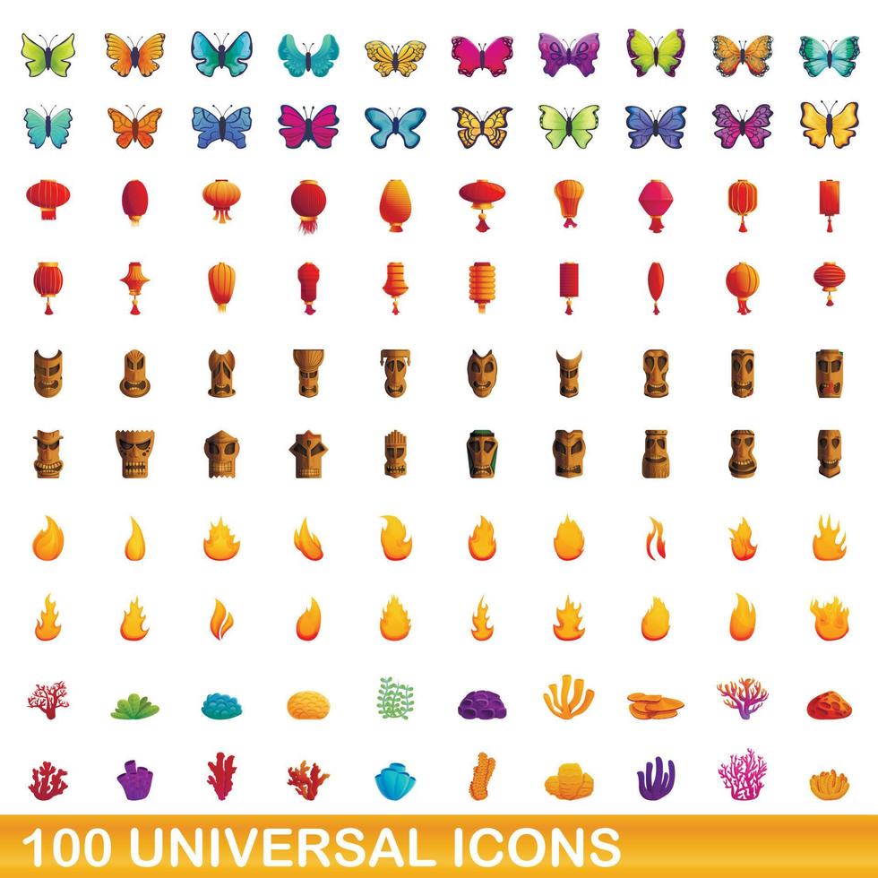 100 iconos universales, estilo de dibujos animados vector