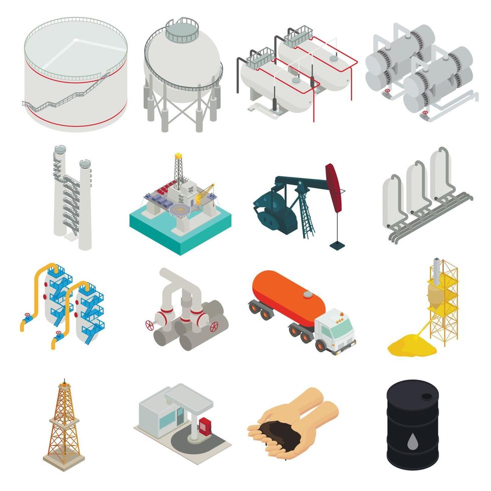 Refinery plant icons set, isometric style vector