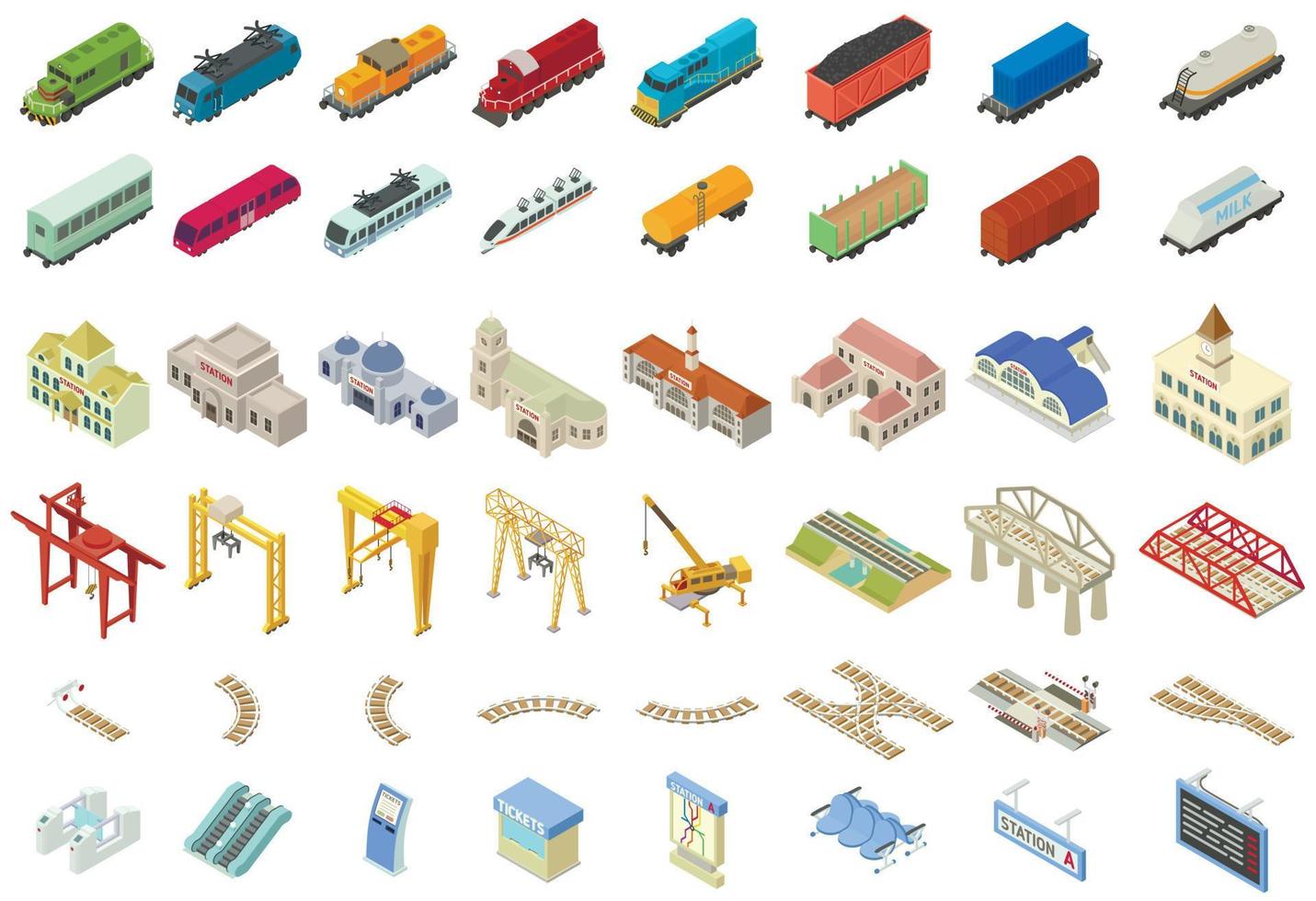 conjunto de iconos de estación de tren, estilo isométrico vector