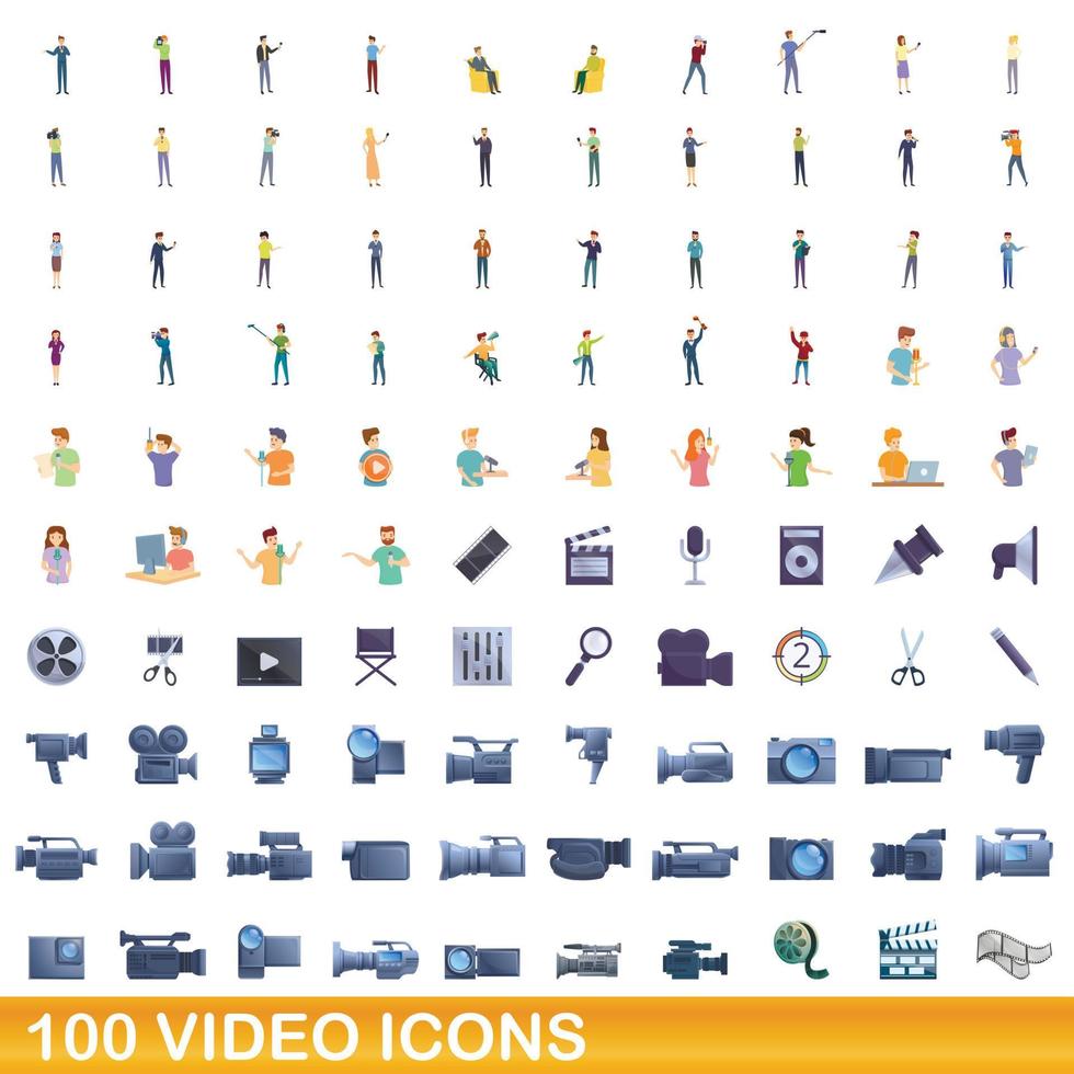 100 video icons set, cartoon style vector