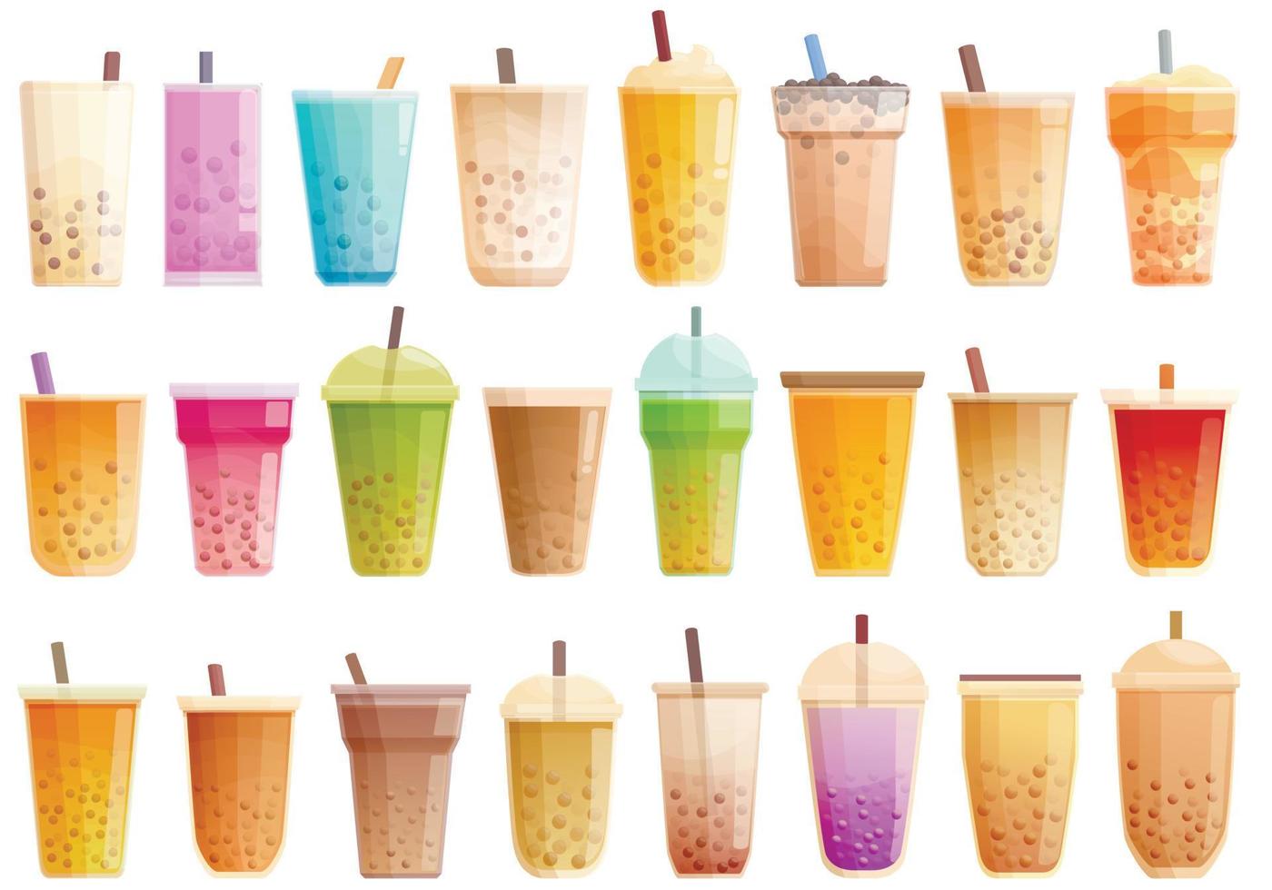 Bubble tea icons set cartoon vector. Asian balls vector