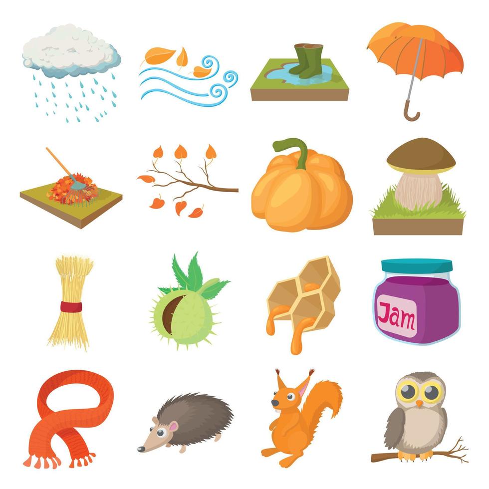 conjunto de iconos de otoño, estilo de dibujos animados vector