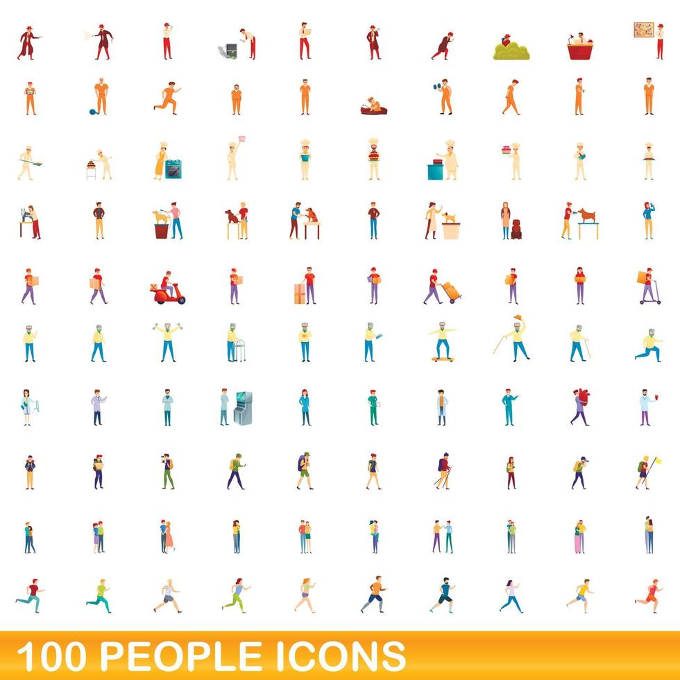 100 people icons set, cartoon style vector