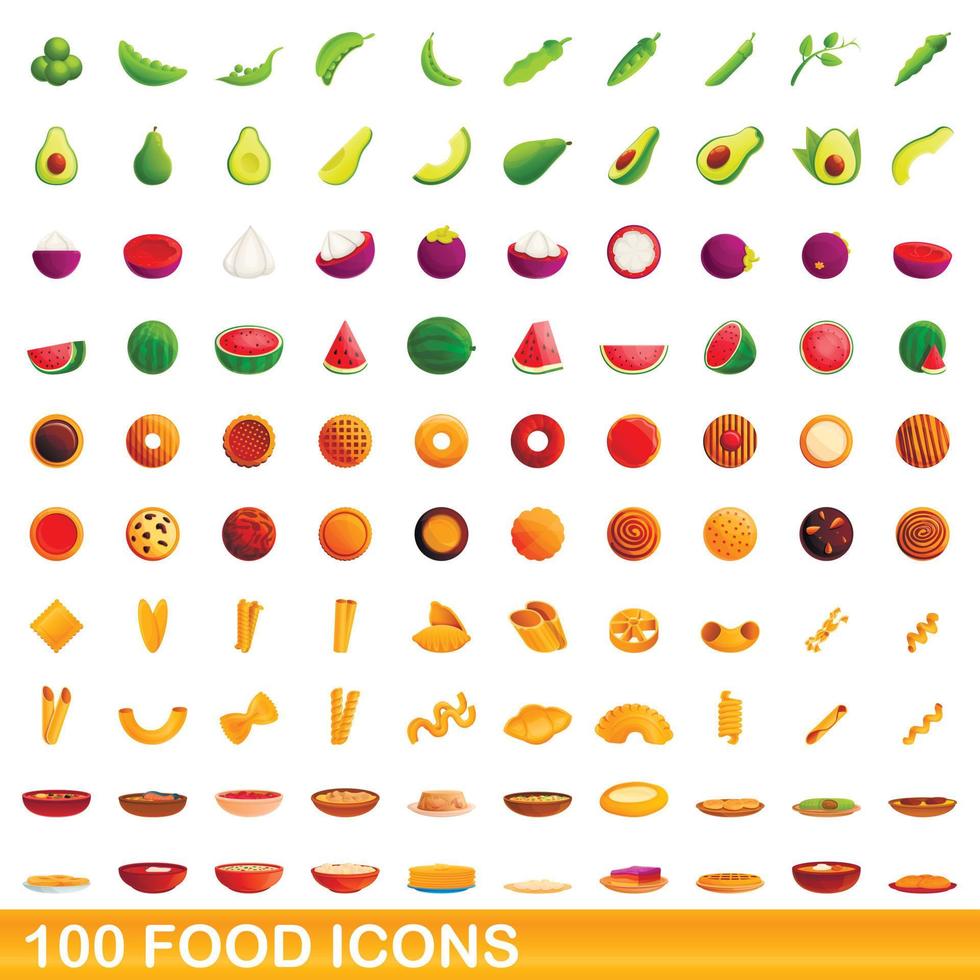 100 food icons set, cartoon style vector