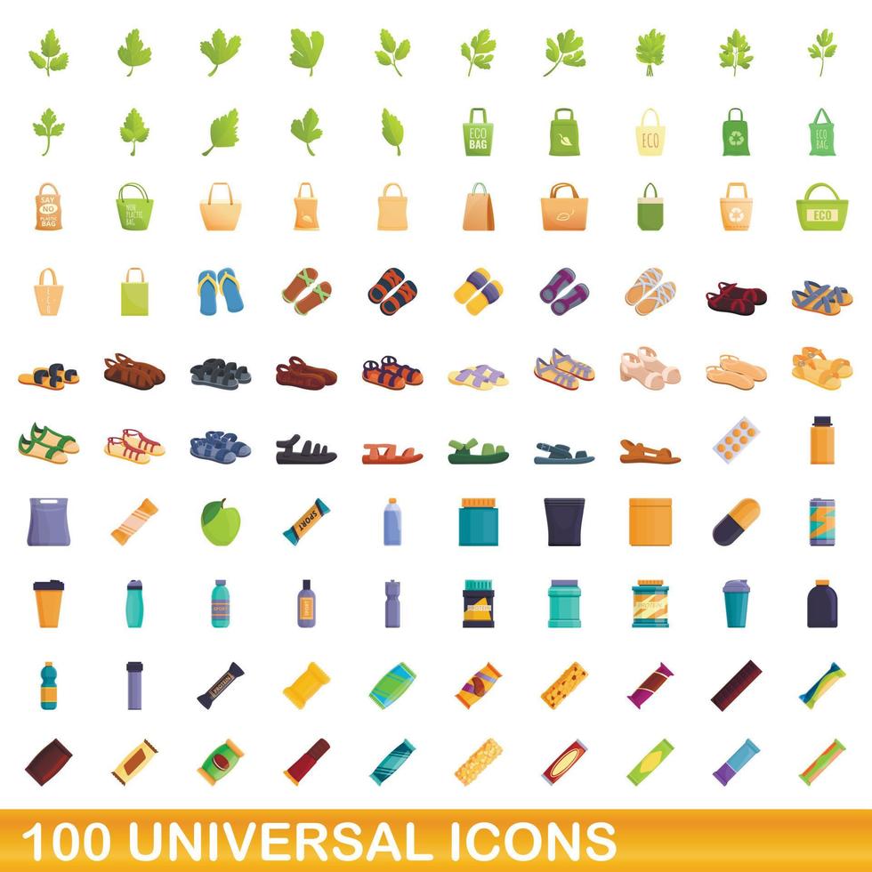 100 iconos universales, estilo de dibujos animados vector