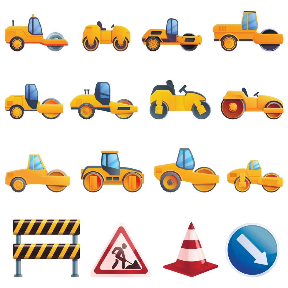 Road roller icons set, cartoon style vector