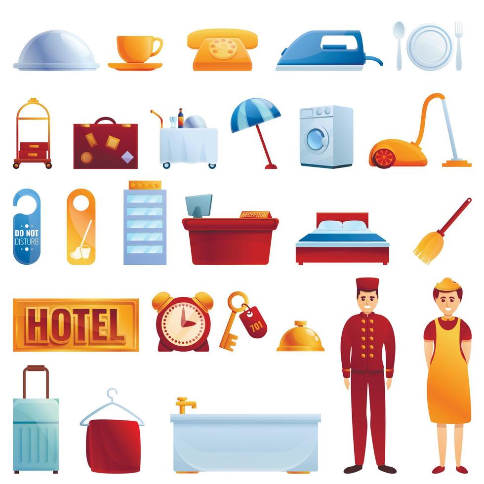 Room service icons set, cartoon style vector