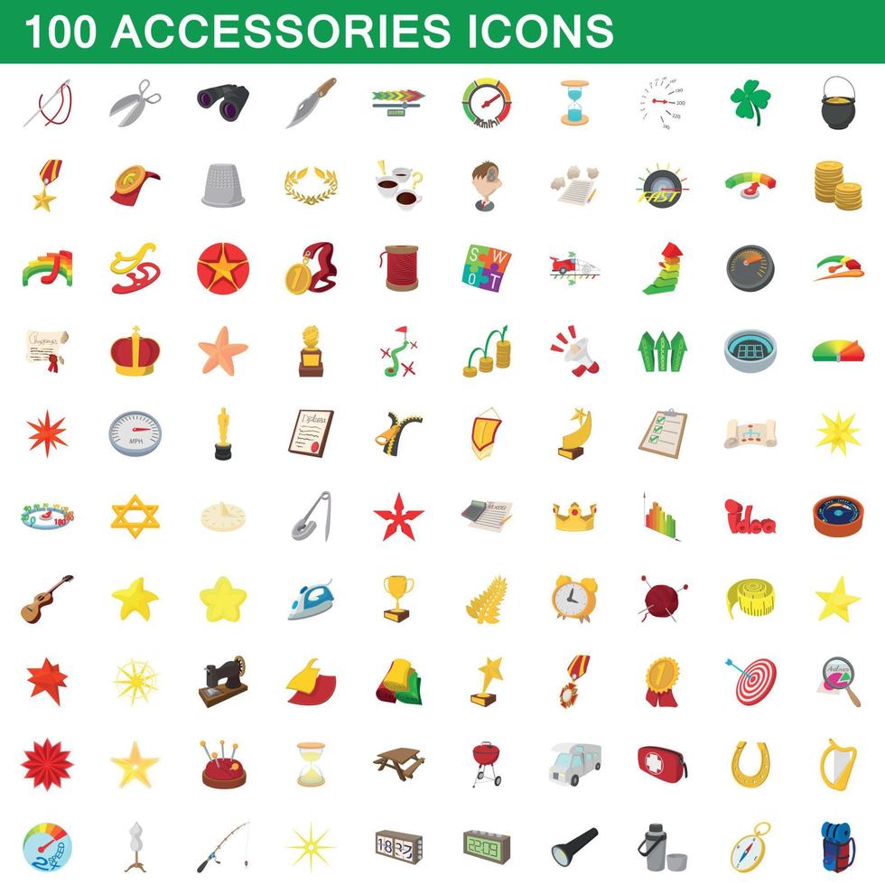 100 accesorios, conjunto de iconos de estilo de dibujos animados vector