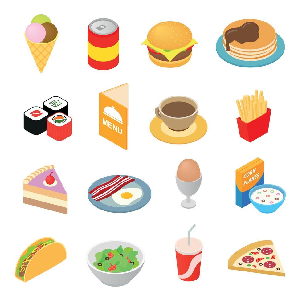 Fast food isometric 3d icons set vector