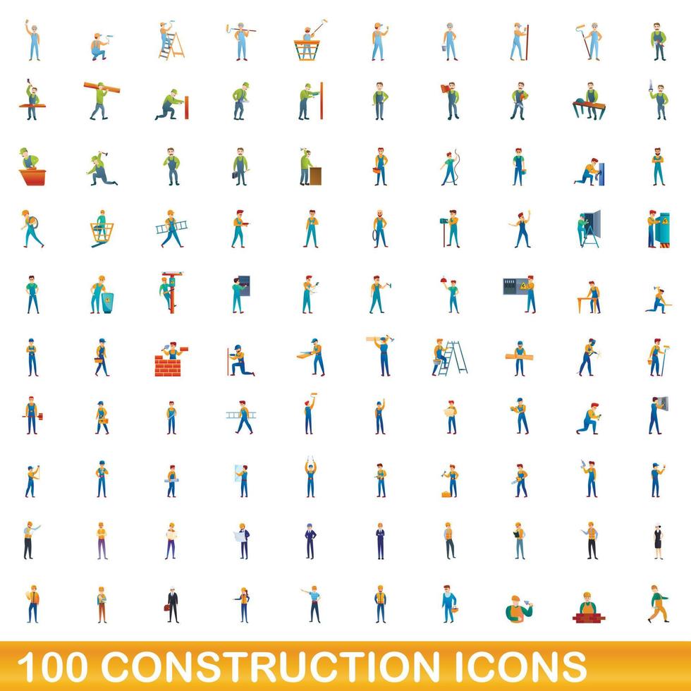 100 construction icons set, cartoon style vector