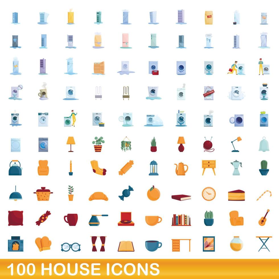 100 house icons set, cartoon style vector