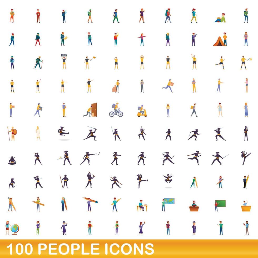 100 people icons set, cartoon style vector