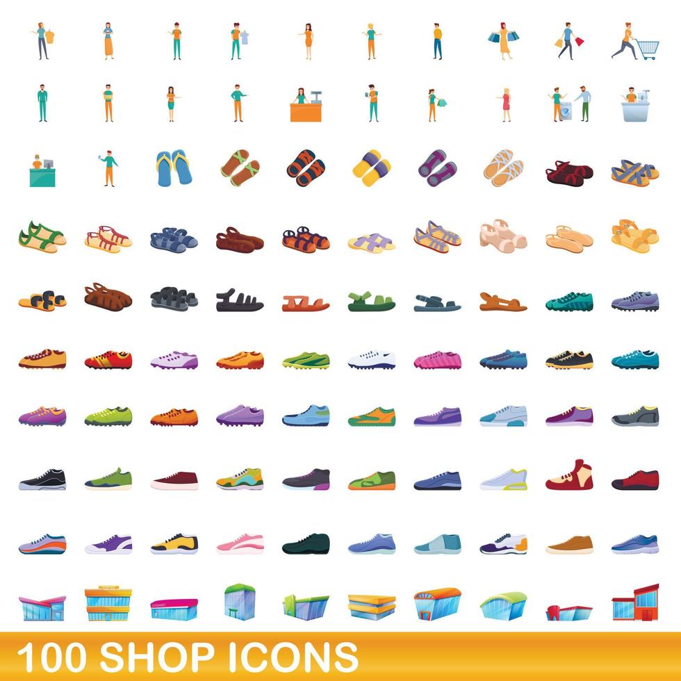 100 tienda, conjunto de iconos de estilo de dibujos animados vector