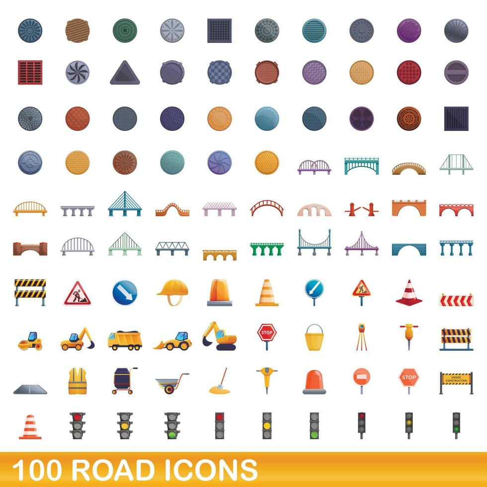 100 iconos de carretera, estilo de dibujos animados vector