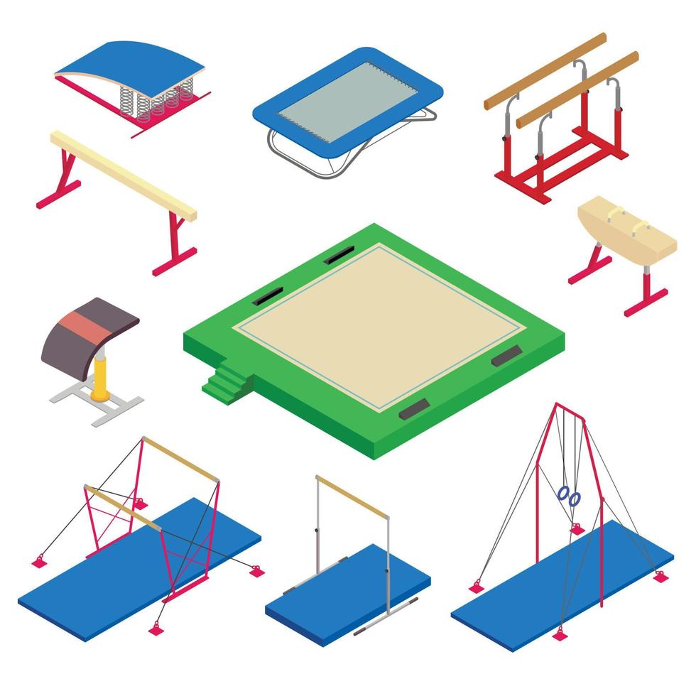 Gymnastics equipment icons set, isometric style vector