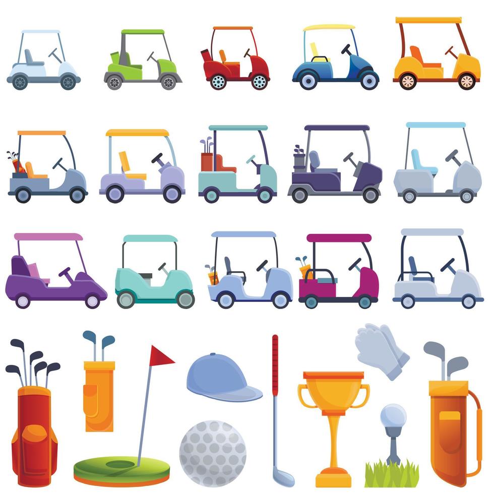 Golf cart icons set, cartoon style vector