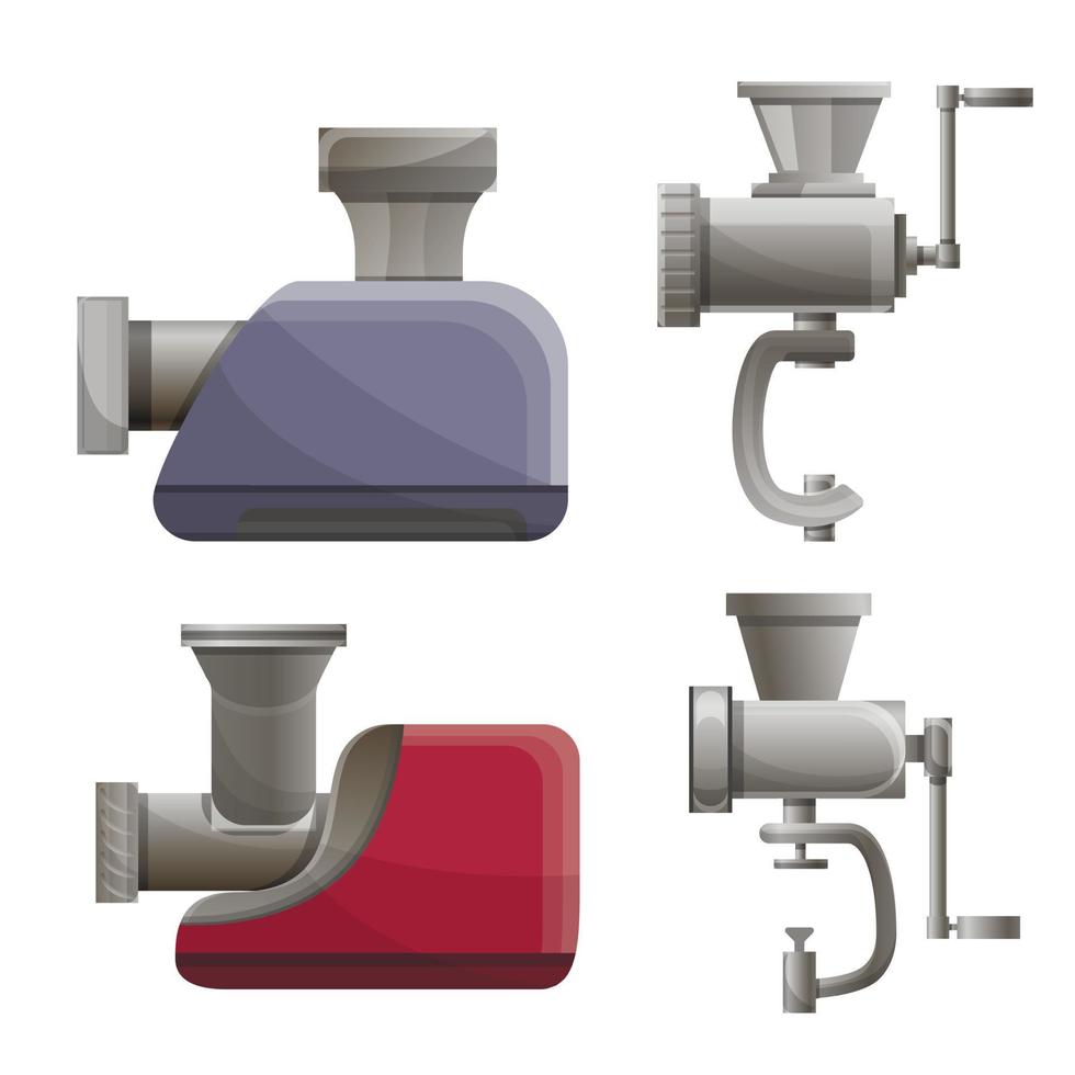Meat grinder icons set, cartoon style vector
