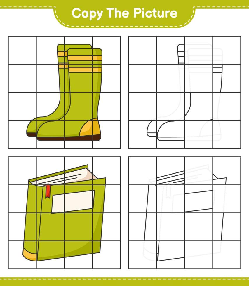 copie la imagen, copie la imagen del libro y las botas de goma usando líneas de cuadrícula. juego educativo para niños, hoja de cálculo imprimible, ilustración vectorial vector