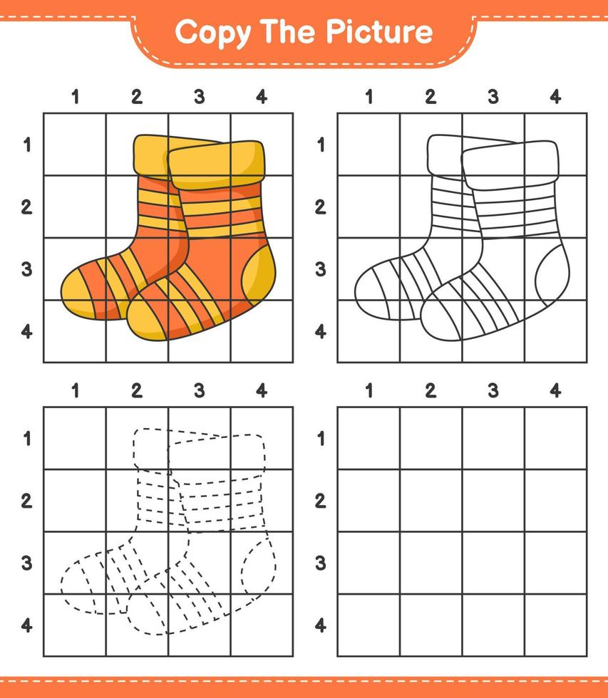 Copy the picture, copy the picture of Socks using grid lines. Educational children game, printable worksheet, vector illustration