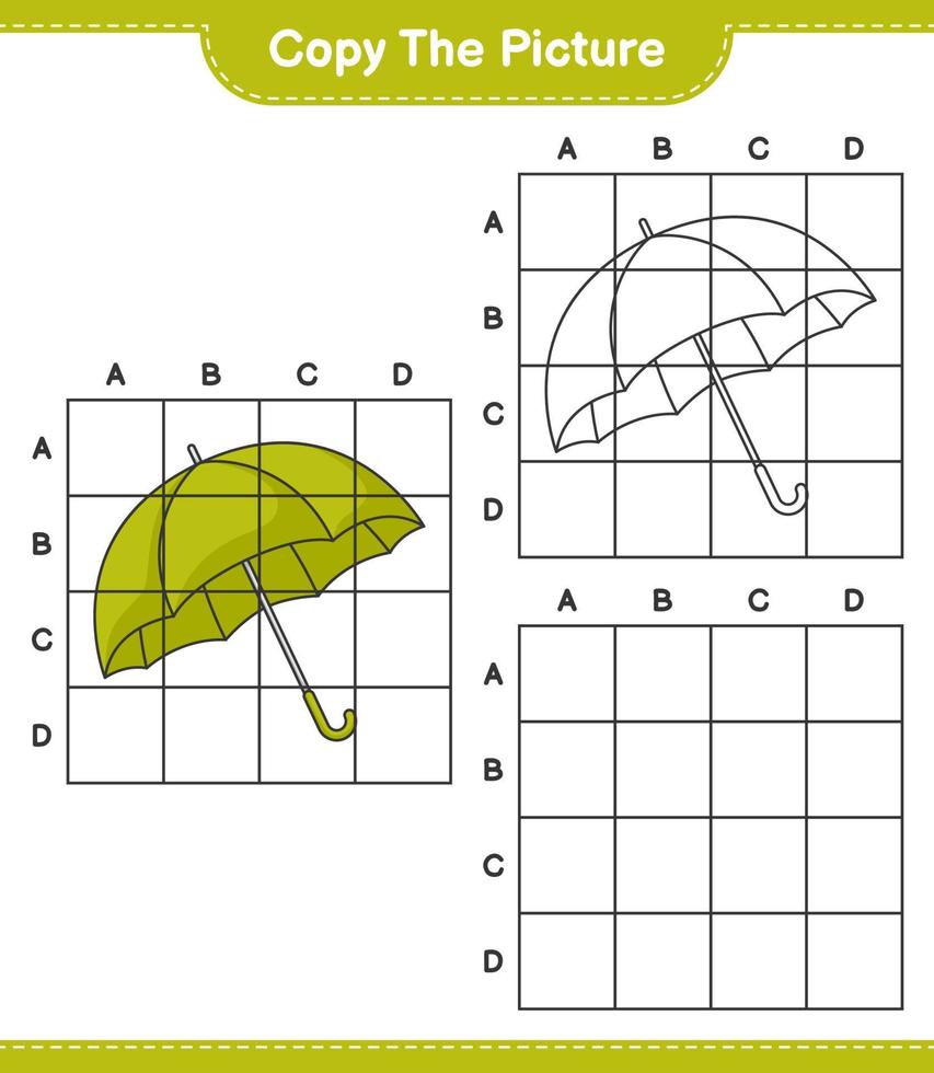 Copy the picture, copy the picture of Umbrella using grid lines. Educational children game, printable worksheet, vector illustration