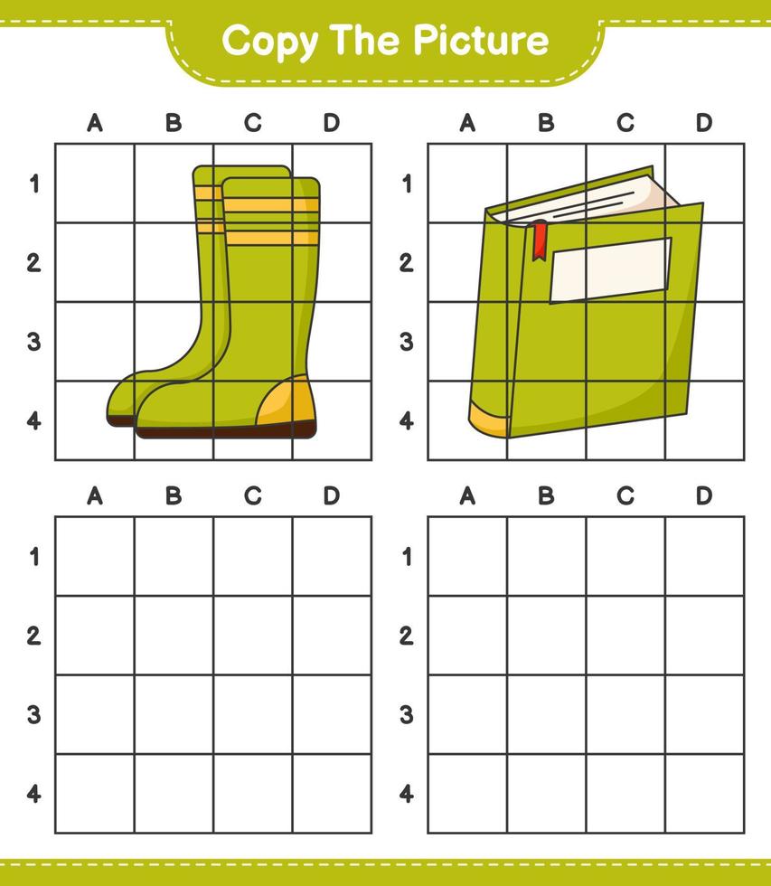 copie la imagen, copie la imagen del libro y las botas de goma usando líneas de cuadrícula. juego educativo para niños, hoja de cálculo imprimible, ilustración vectorial vector