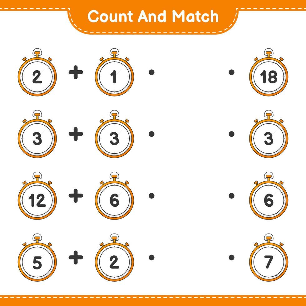 Count and match, count the number of Stopwatch and match with the right numbers. Educational children game, printable worksheet, vector illustration