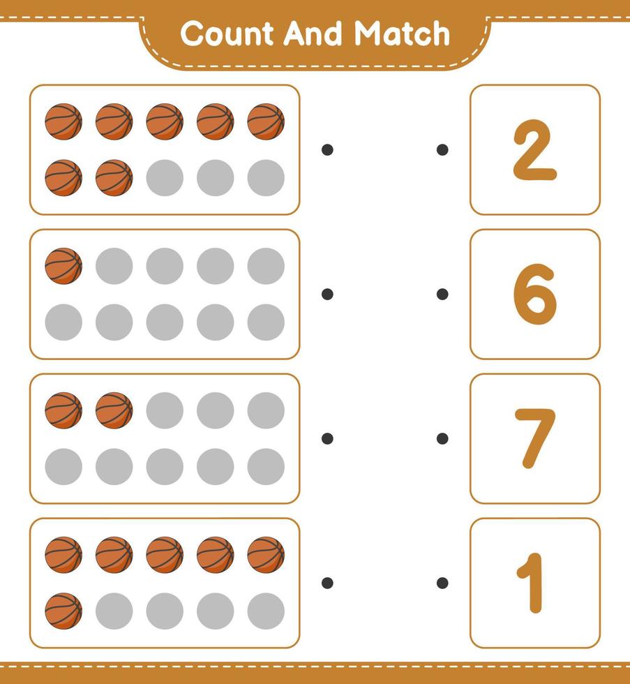 Count and match, count the number of Basketball and match with the right numbers. Educational children game, printable worksheet, vector illustration
