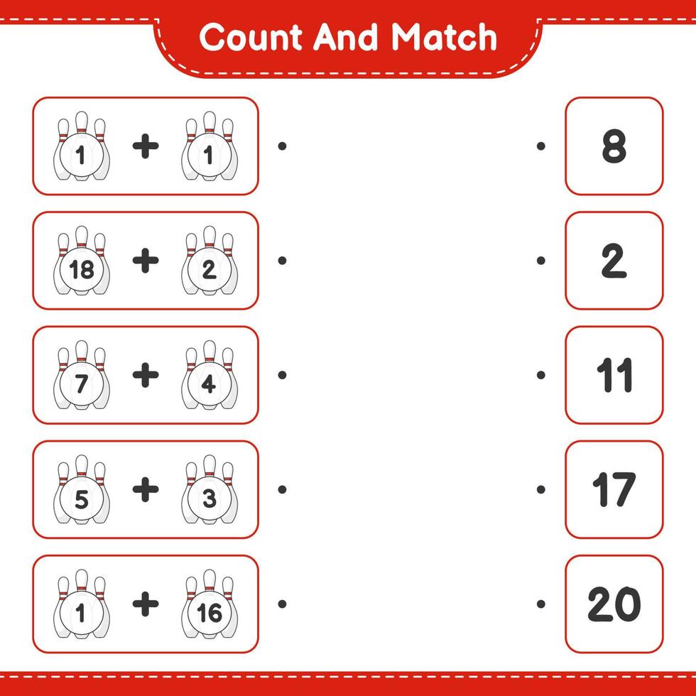 Count and match, count the number of Bowling Pin and match with the right numbers. Educational children game, printable worksheet, vector illustration