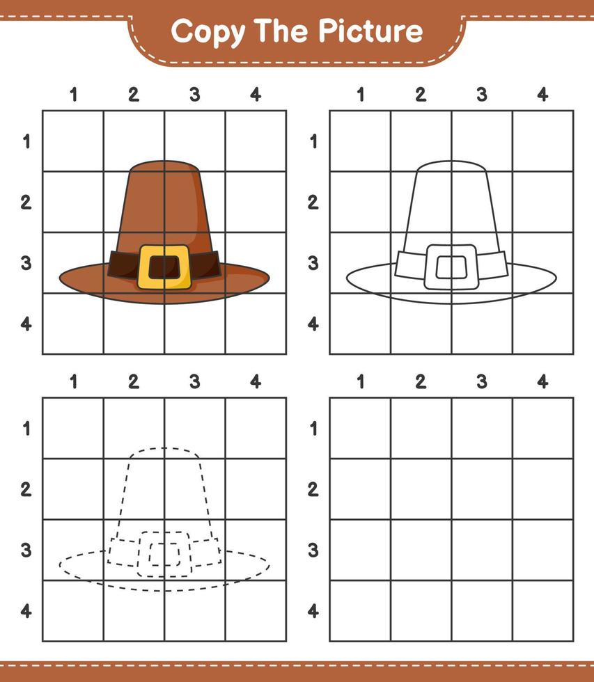 Copy the picture, copy the picture of Hat using grid lines. Educational children game, printable worksheet, vector illustration