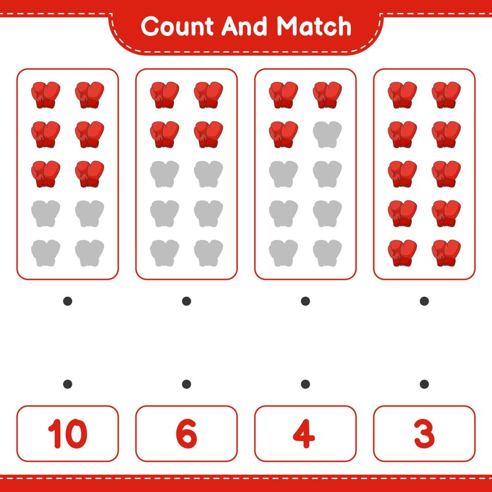 Count and match, count the number of Boxing Gloves and match with the right numbers. Educational children game, printable worksheet, vector illustration